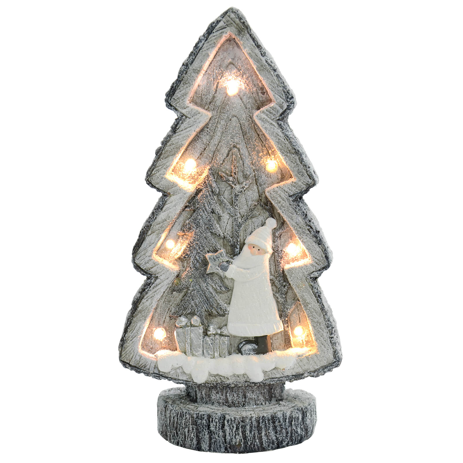 Christmas tree shaped ornament with 7 warm white LED lights and grey and white Santa with star snow scene, wood grain and bark effect finish